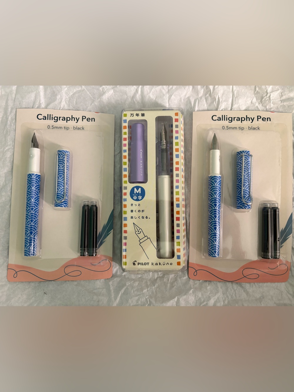 Pilot Kaküno Purple Fountain Pen + Two Blue Patterned Calligraphy Pens